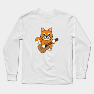 Cute Orange White Cat Playing Guitar Cartoon Long Sleeve T-Shirt